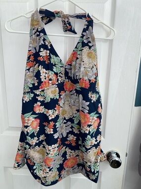 Navy Floral Halter Swimsuit Top